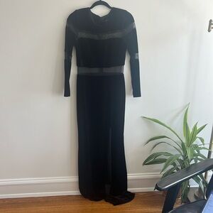 Betsy Adam black long sleeve dress with mesh cutouts